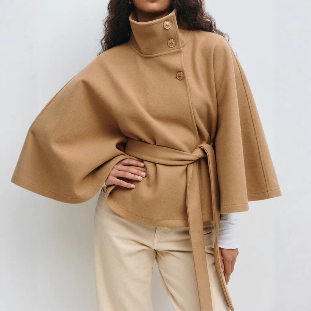 Cappotto Invernale Scollo a Dolcevita Manica a Pipistrello con Cintura Elegante Sciolto Bottoni Trench Coat da Donna