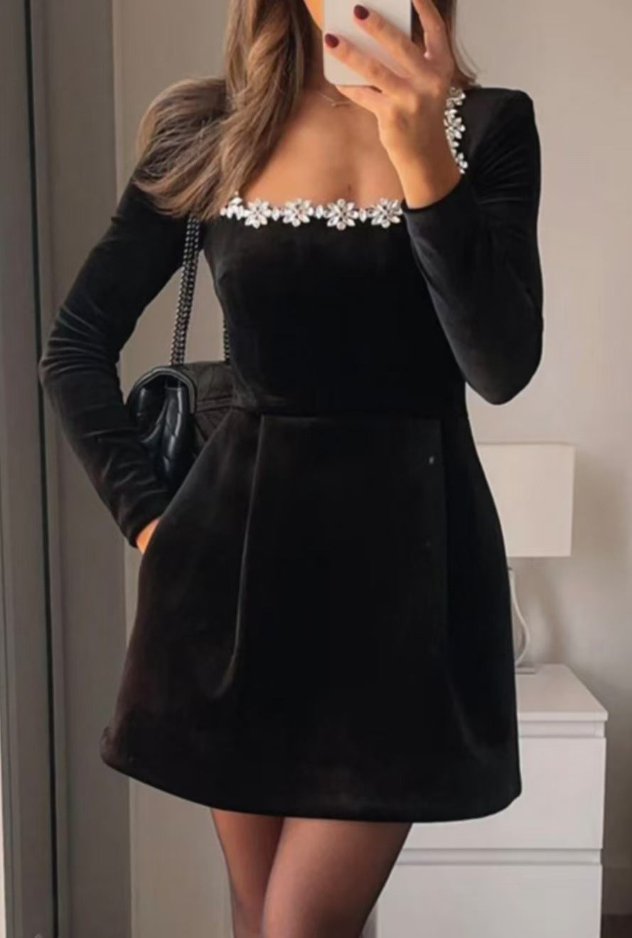 Abito Elegante Donna Scollo Quadrato Festa Natale – Manica Lunga Strass Fiore A-Line Corto
