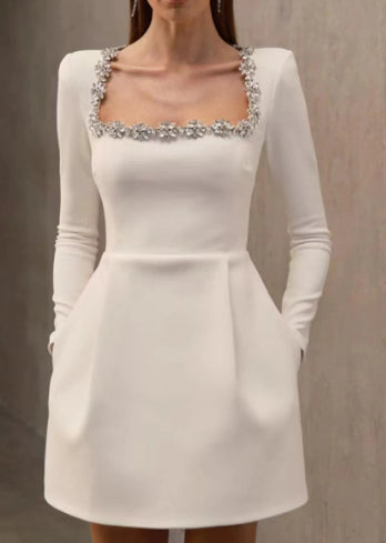 Abito Elegante Donna Scollo Quadrato Festa Natale – Manica Lunga Strass Fiore A-Line Corto