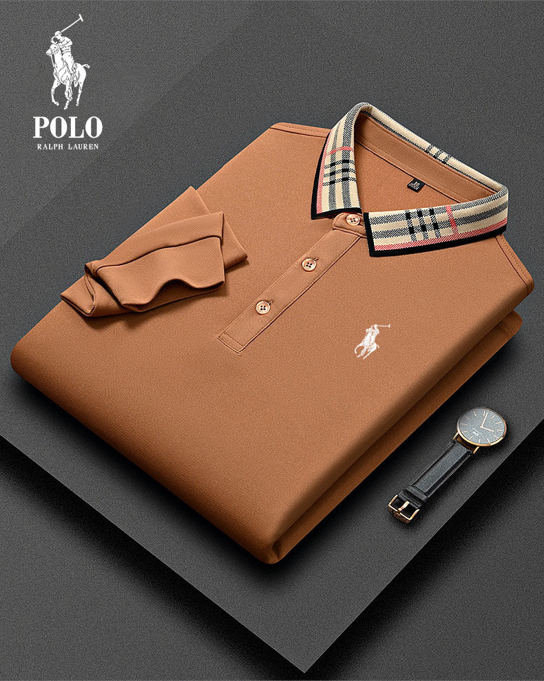 Polo casual a maniche lunghe a quadri da uomo con colletto
