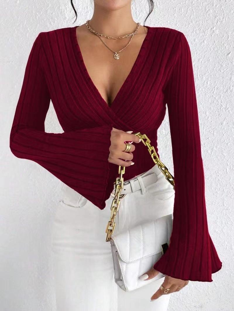 T-shirt girocollo a maniche lunghe da donna in maglia a coste autunnale e invernale, con scollo a V e maniche a campana, elegante top da donna