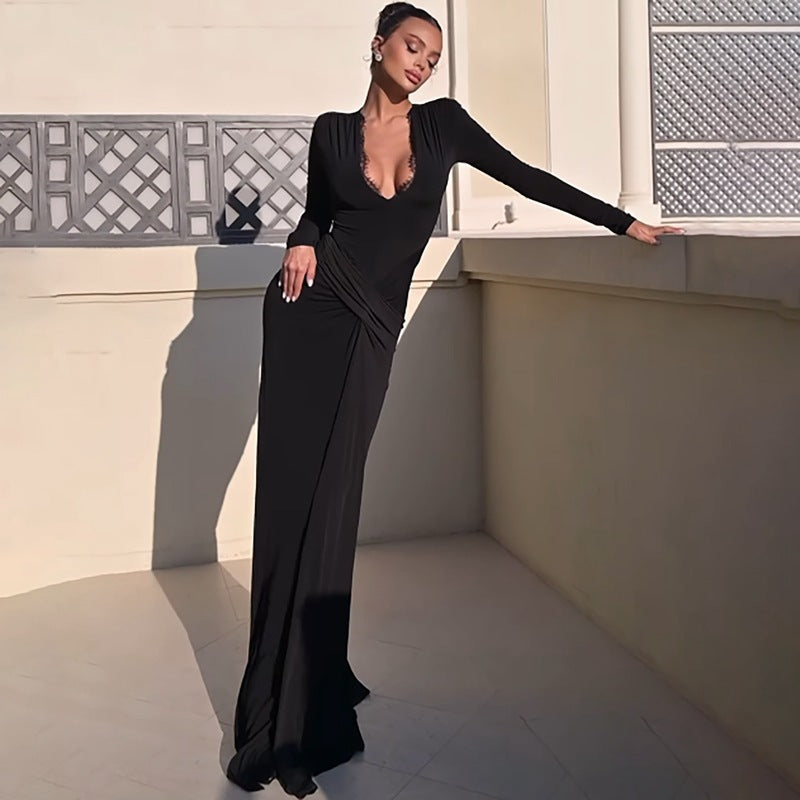 Abito Elegante Girocollo a Maniche Lunghe con Vita Intrecciata e Gonna Sottile Monocolore