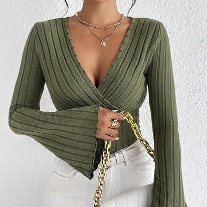 T-shirt girocollo a maniche lunghe da donna in maglia a coste autunnale e invernale, con scollo a V e maniche a campana, elegante top da donna