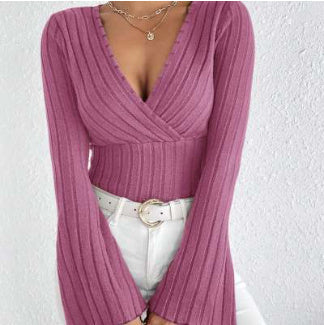 T-shirt girocollo a maniche lunghe da donna in maglia a coste autunnale e invernale, con scollo a V e maniche a campana, elegante top da donna
