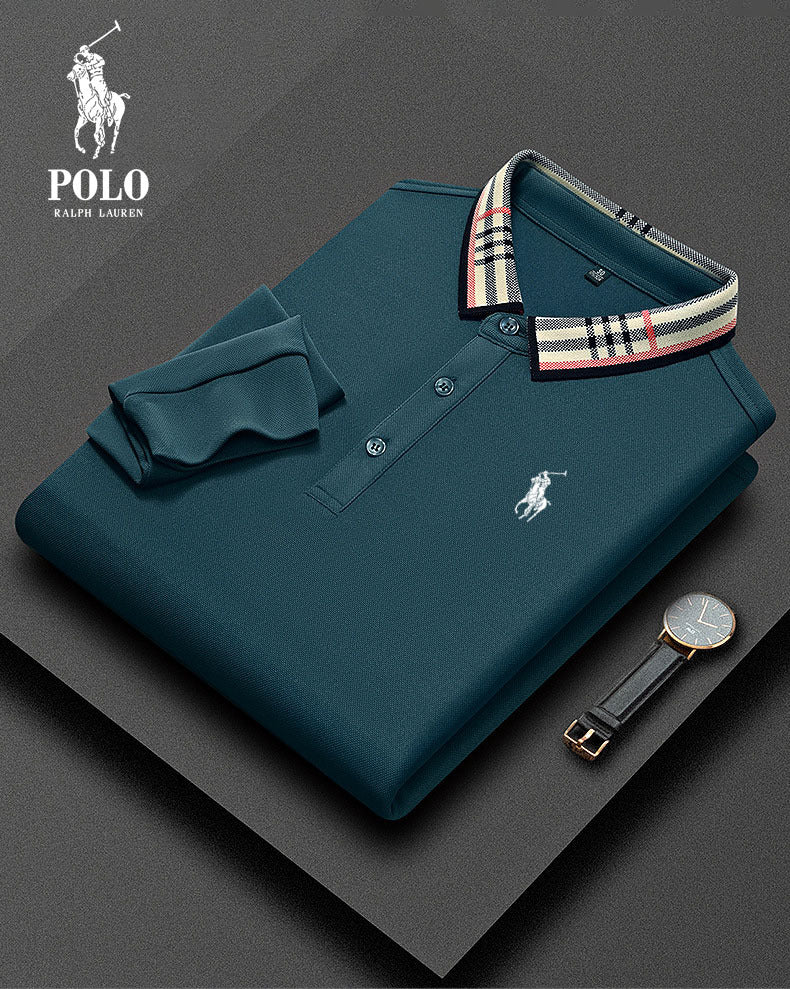 Polo casual a maniche lunghe a quadri da uomo con colletto