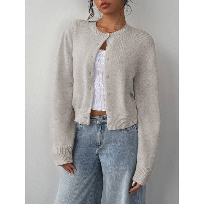 Cardigan lavorato a maglia chic a maniche lunghe Moda maglione corto tinta unita per abbigliamento da donna