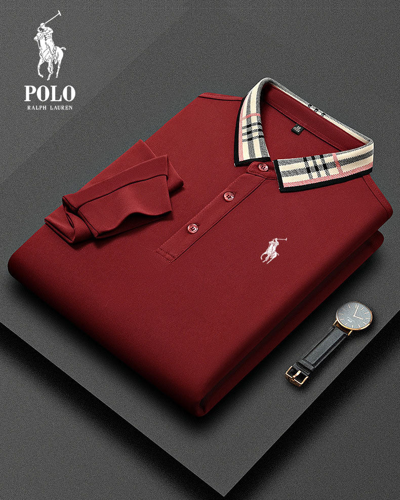 Polo casual a maniche lunghe a quadri da uomo con colletto
