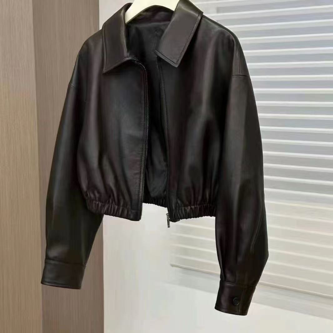 Cappotto in morbida pelle nera Primavera e Autunno Donna Scollo quadrato Giacca in pelle con cerniera