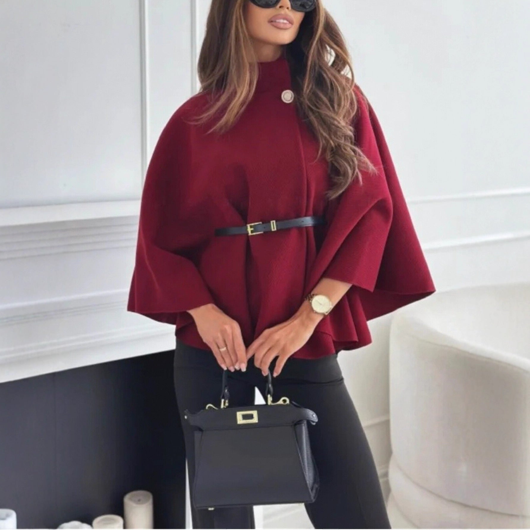 Donna Cappotto di Lana – Maglione a manica a pipistrello con collo a cammeo, elegante capospalla invernale