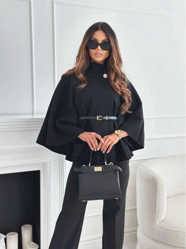 Donna Cappotto di Lana – Maglione a manica a pipistrello con collo a cammeo, elegante capospalla invernale