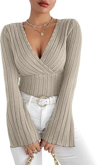 T-shirt girocollo a maniche lunghe da donna in maglia a coste autunnale e invernale, con scollo a V e maniche a campana, elegante top da donna
