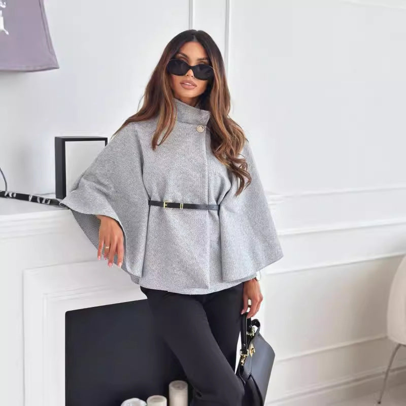 Donna Cappotto di Lana – Maglione a manica a pipistrello con collo a cammeo, elegante capospalla invernale