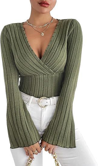 T-shirt girocollo a maniche lunghe da donna in maglia a coste autunnale e invernale, con scollo a V e maniche a campana, elegante top da donna