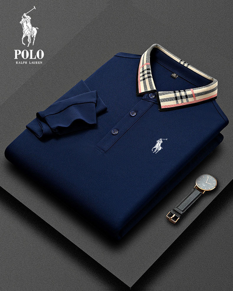 Polo casual a maniche lunghe a quadri da uomo con colletto