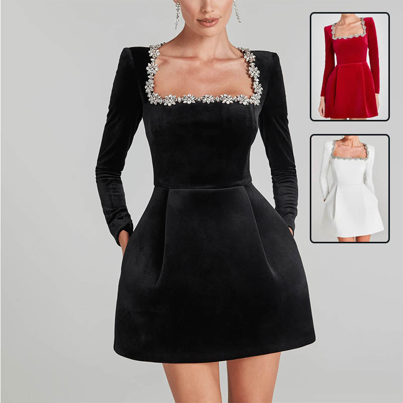 Abito Elegante Donna Scollo Quadrato Festa Natale – Manica Lunga Strass Fiore A-Line Corto