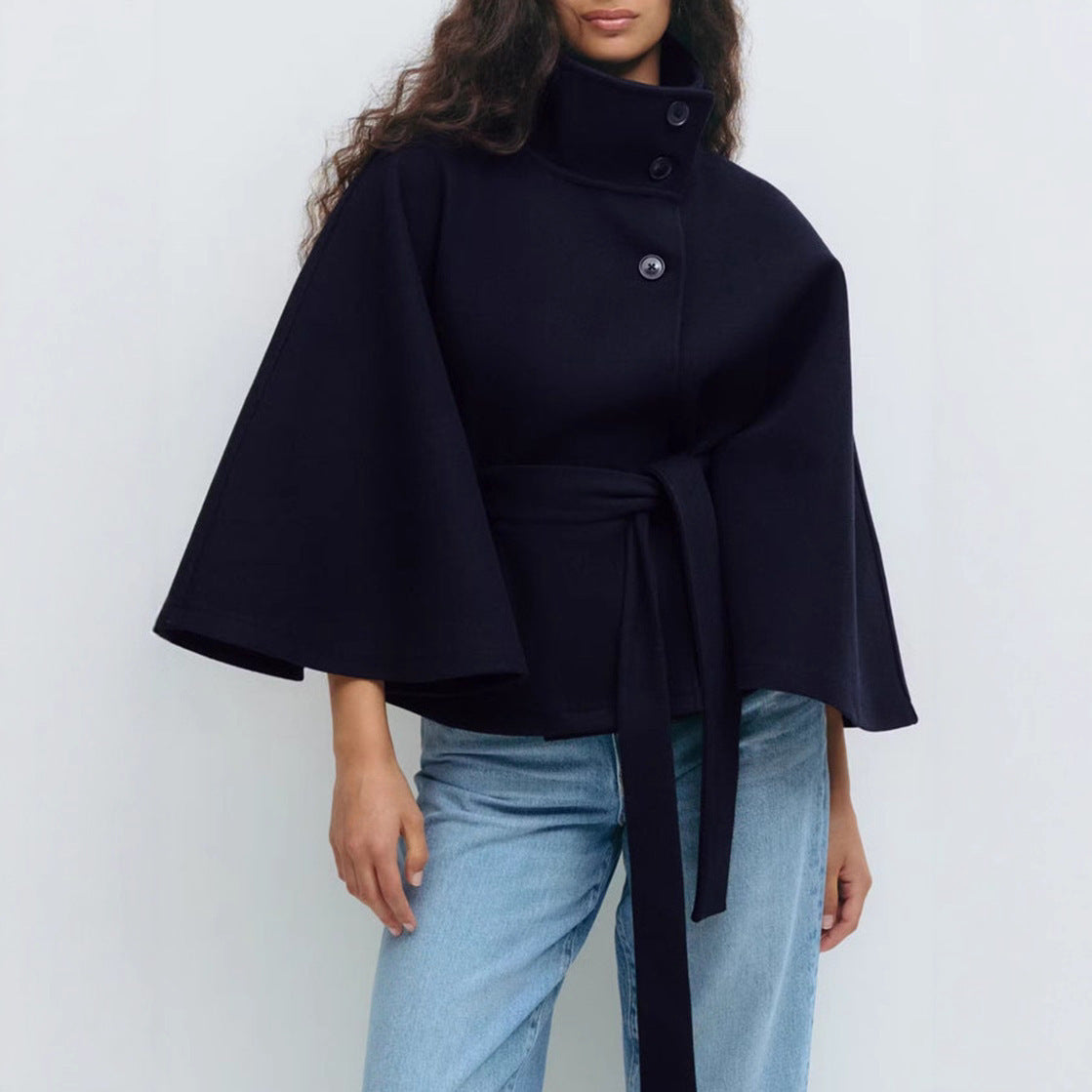 Cappotto Invernale Scollo a Dolcevita Manica a Pipistrello con Cintura Elegante Sciolto Bottoni Trench Coat da Donna