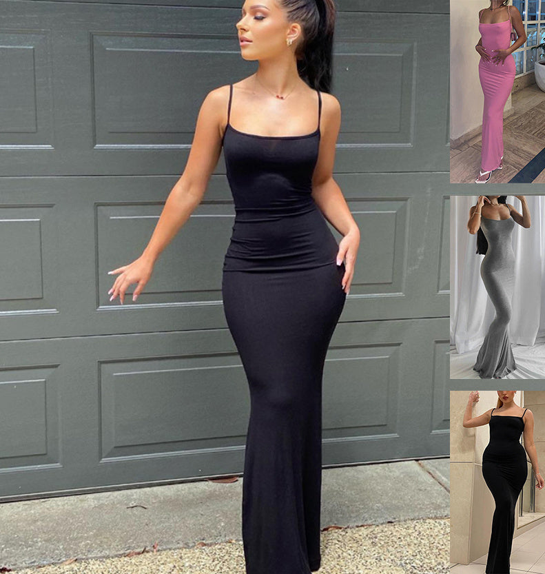 Abito Lungo con Spalline Sottili da Donna, Sexy, Slim, Bodycon, da Festa, Club, con Sospensorio, Casual, da Strada