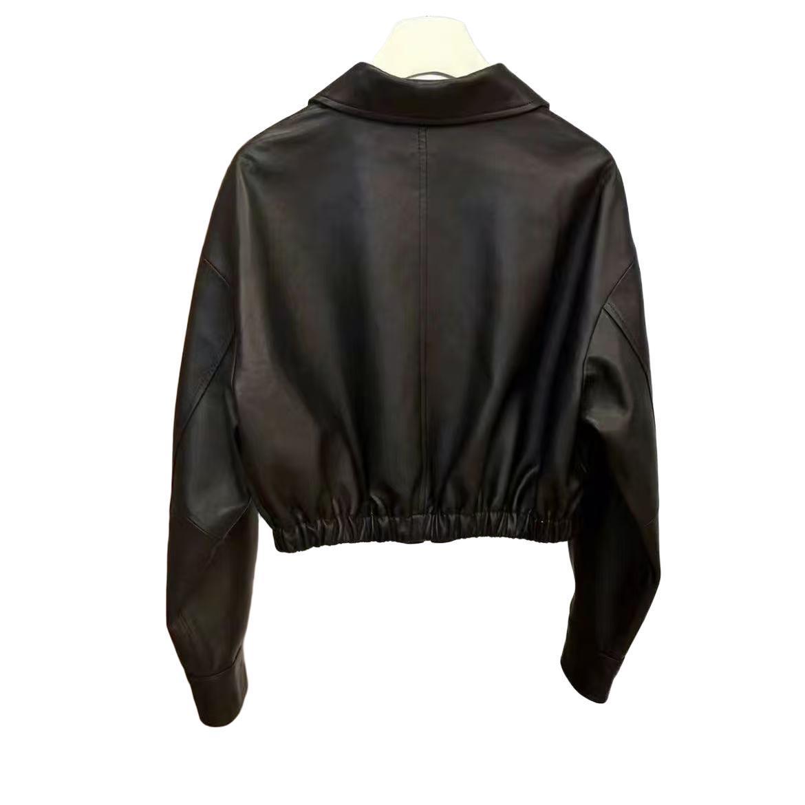 Cappotto in morbida pelle nera Primavera e Autunno Donna Scollo quadrato Giacca in pelle con cerniera