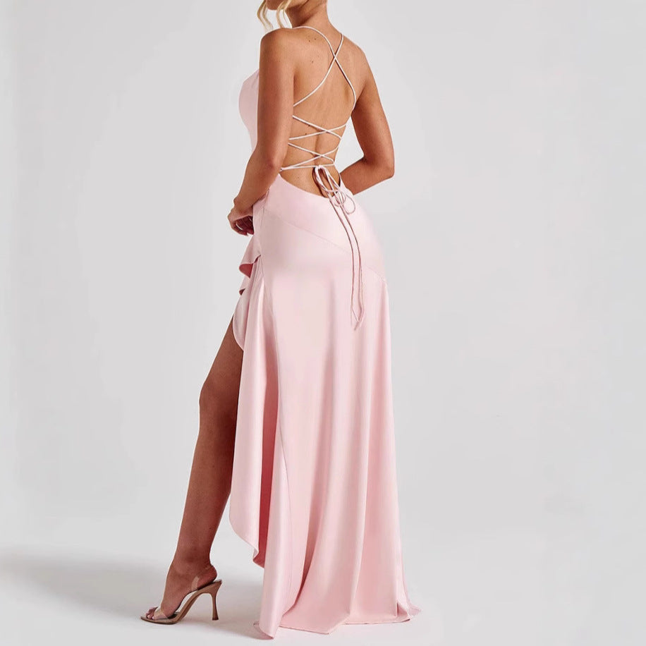 Abito da sera lungo senza schiena con volant irregolare da donna, moda estiva, da sera, da club, con spacco e bretelle