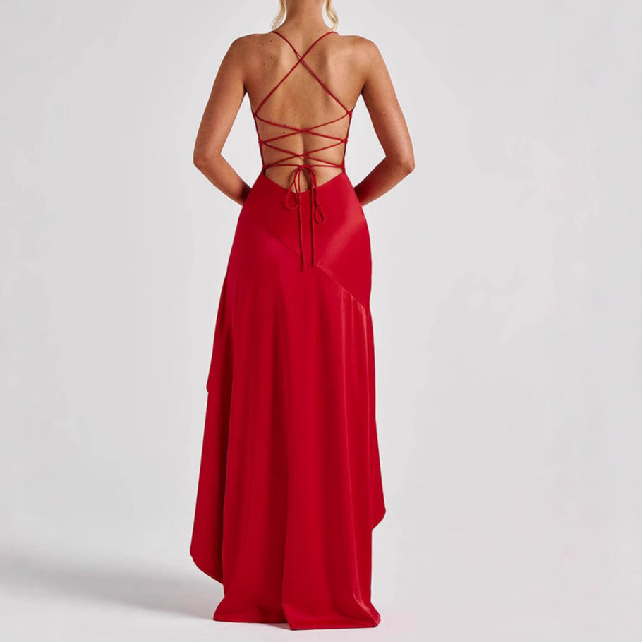 Abito da sera lungo senza schiena con volant irregolare da donna, moda estiva, da sera, da club, con spacco e bretelle