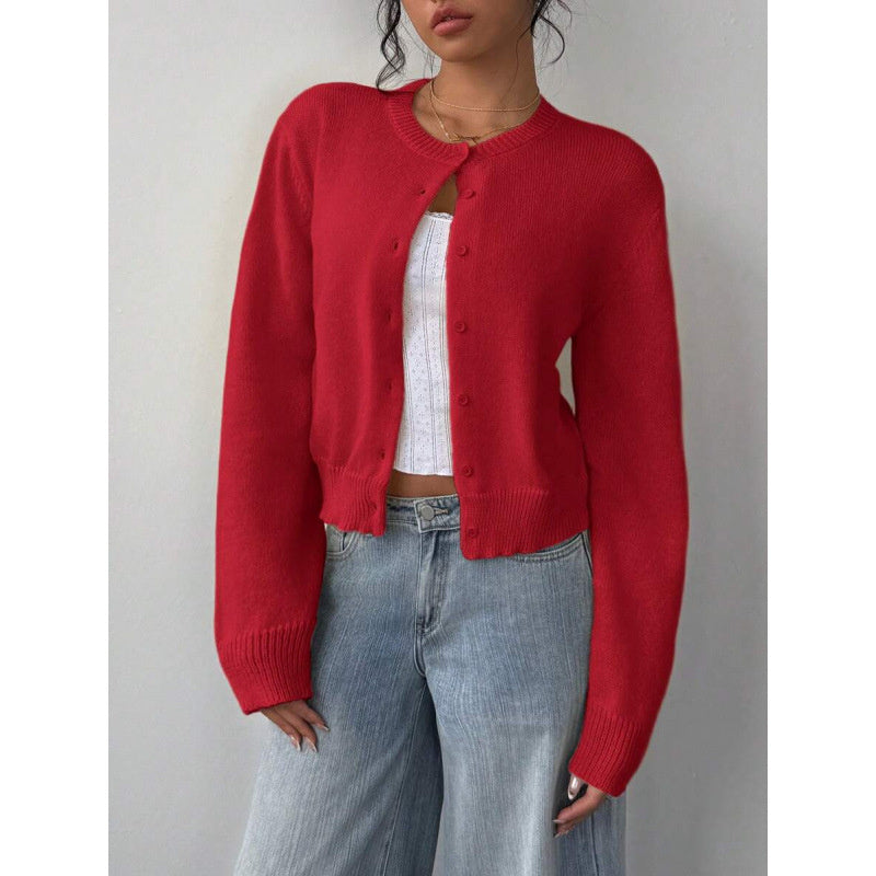 Cardigan lavorato a maglia chic a maniche lunghe Moda maglione corto tinta unita per abbigliamento da donna