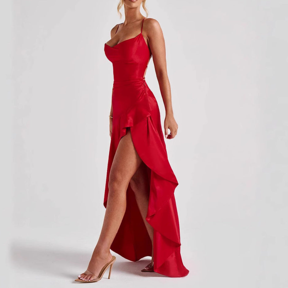 Abito da sera lungo senza schiena con volant irregolare da donna, moda estiva, da sera, da club, con spacco e bretelle
