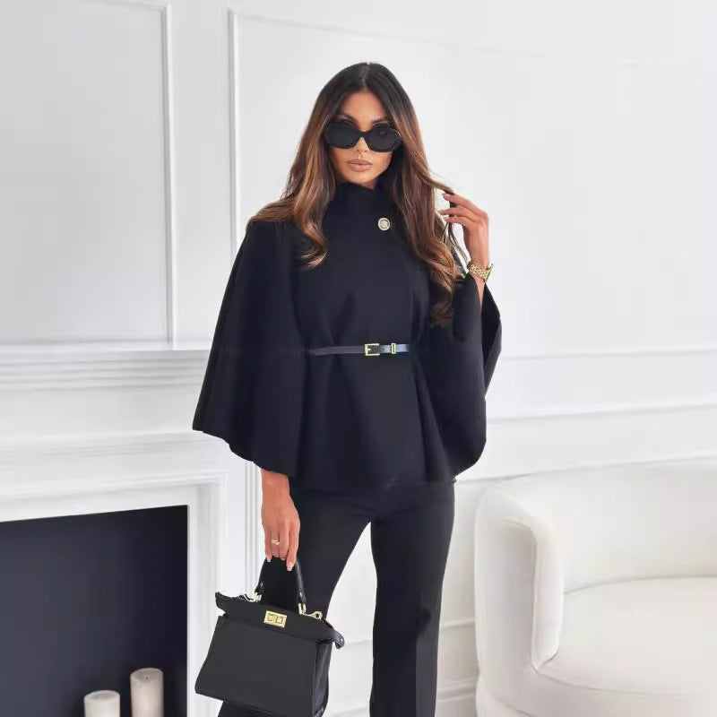 Donna Cappotto di Lana – Maglione a manica a pipistrello con collo a cammeo, elegante capospalla invernale