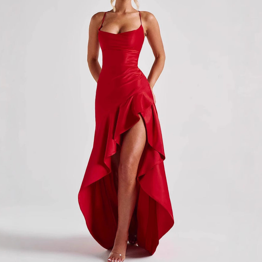 Abito da sera lungo senza schiena con volant irregolare da donna, moda estiva, da sera, da club, con spacco e bretelle