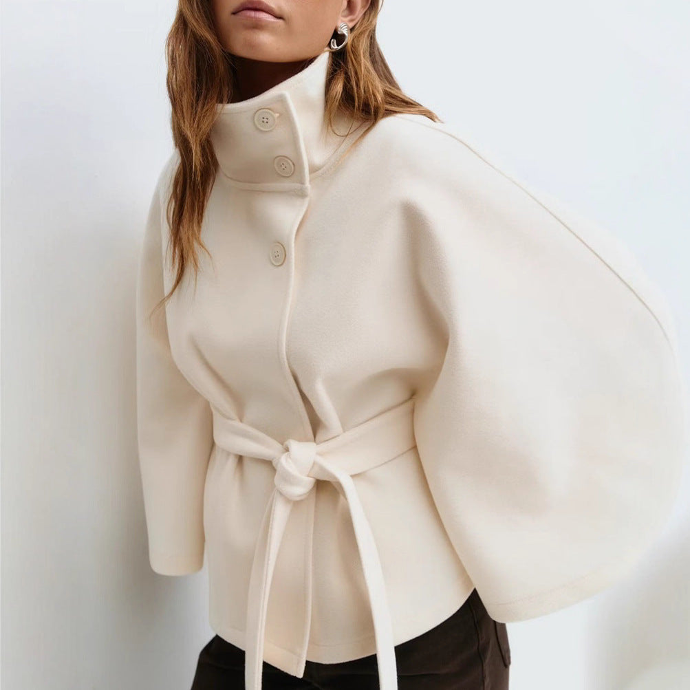 Cappotto Invernale Scollo a Dolcevita Manica a Pipistrello con Cintura Elegante Sciolto Bottoni Trench Coat da Donna