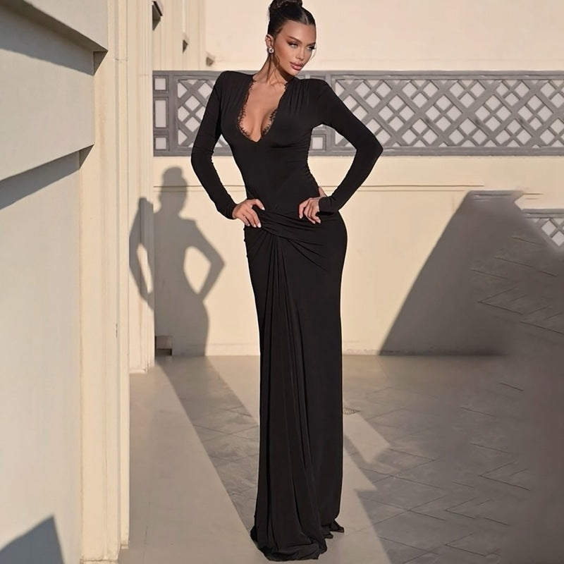 Abito Elegante Girocollo a Maniche Lunghe con Vita Intrecciata e Gonna Sottile Monocolore