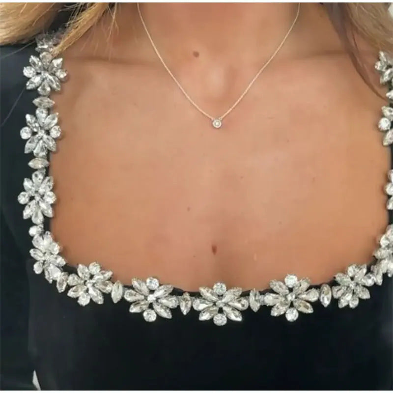Abito Elegante Donna Scollo Quadrato Festa Natale – Manica Lunga Strass Fiore A-Line Corto