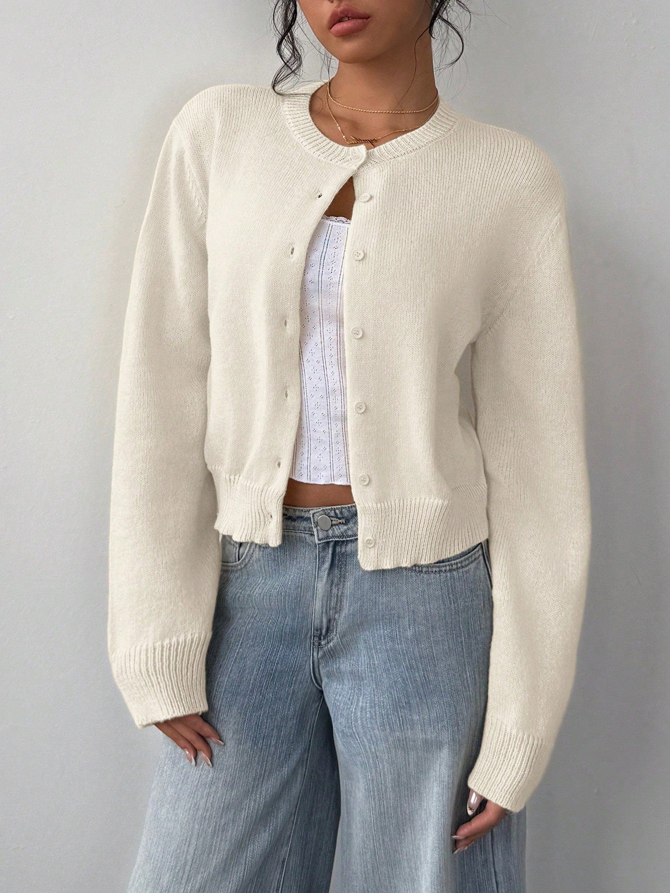 Cardigan lavorato a maglia chic a maniche lunghe Moda maglione corto tinta unita per abbigliamento da donna