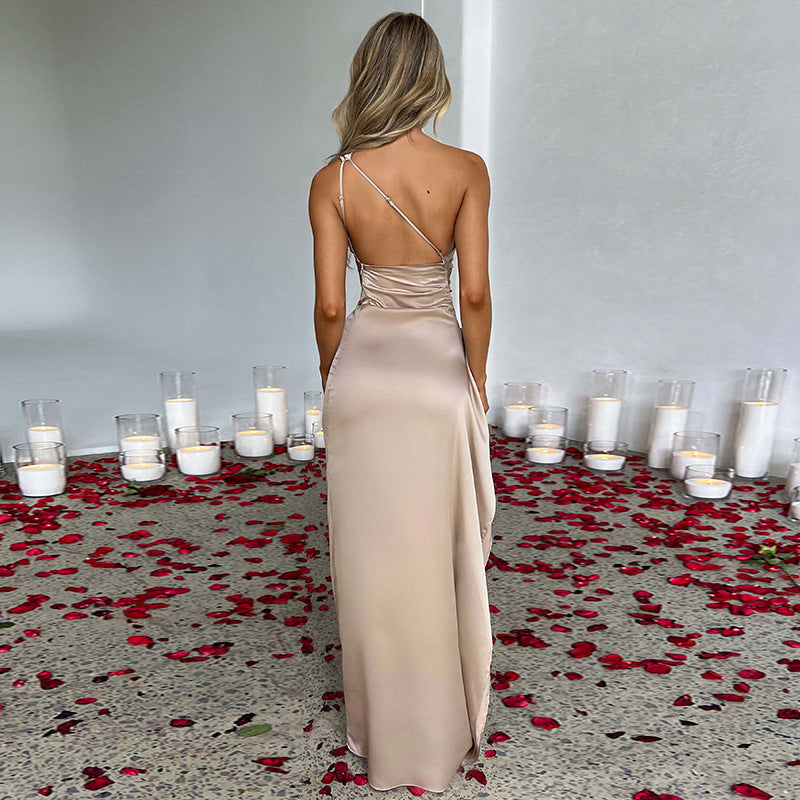 Abito da donna monospalla in raso – Sexy outfit estivo senza schienale con spacco