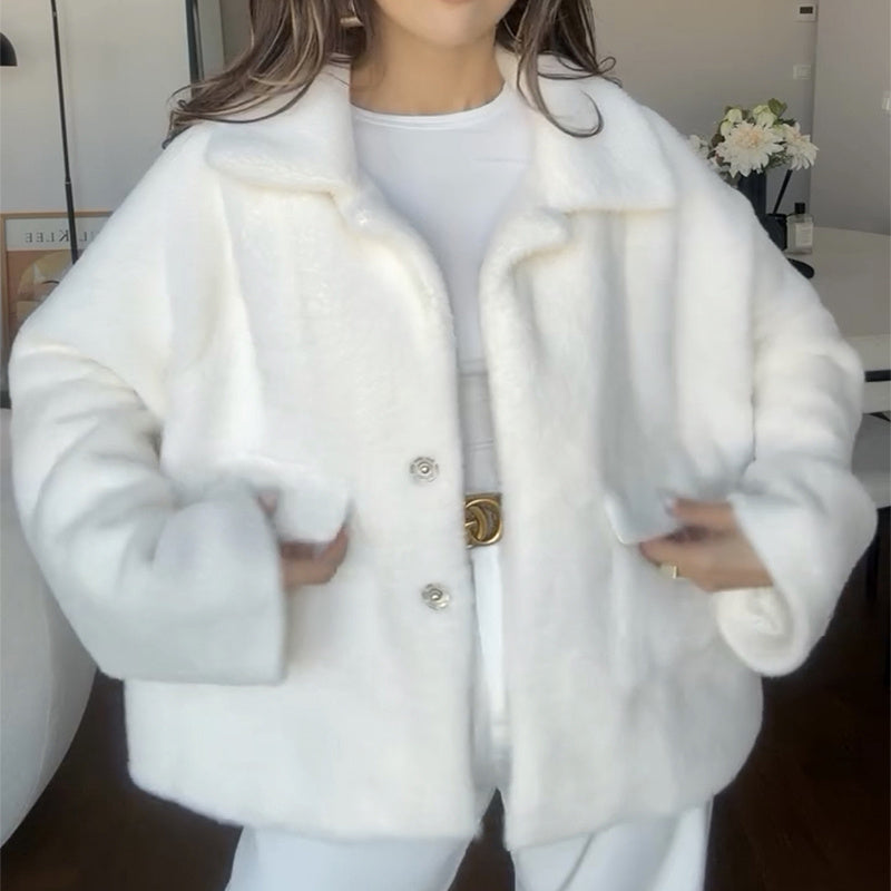 Cappotto Lanoso Scollo a Rever Loose Donna Invernale Smanicato in Pile Lungo Alla Moda Giacca Corta Peluche Per Donna