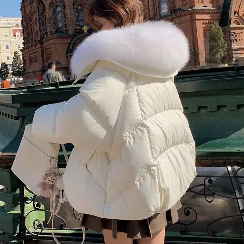 Giacca invernale corta da donna con colletto in pelliccia – Spessa giacca imbottita in cotone con cerniera per il freddo