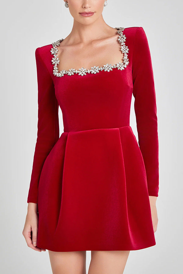 Abito Elegante Donna Scollo Quadrato Festa Natale – Manica Lunga Strass Fiore A-Line Corto
