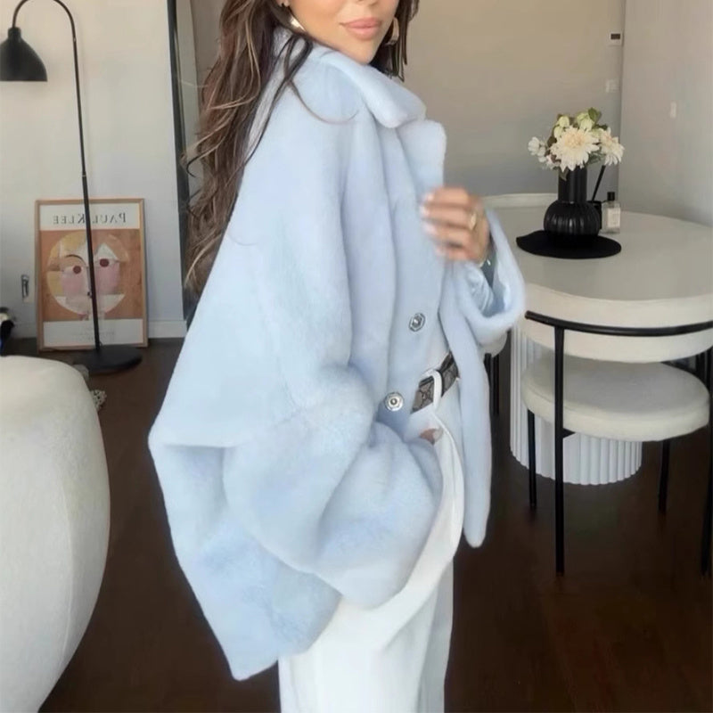 Cappotto Lanoso Scollo a Rever Loose Donna Invernale Smanicato in Pile Lungo Alla Moda Giacca Corta Peluche Per Donna