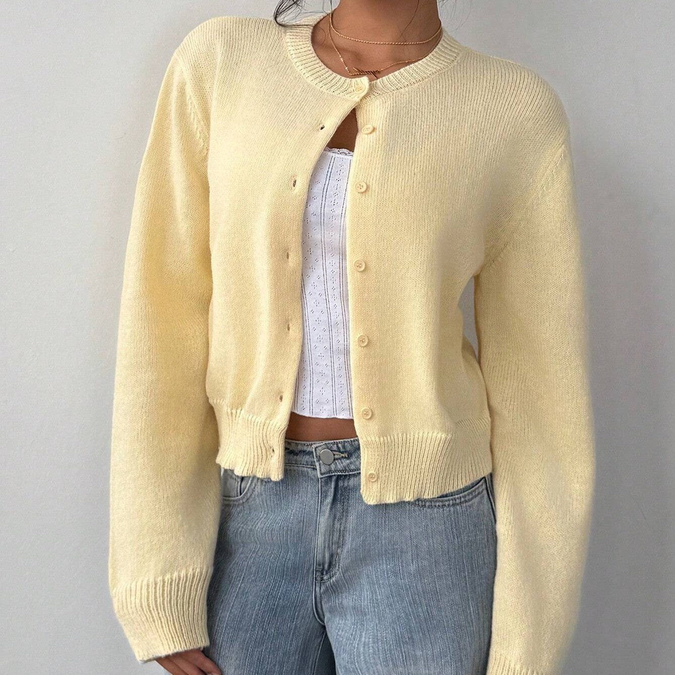 Cardigan lavorato a maglia chic a maniche lunghe Moda maglione corto tinta unita per abbigliamento da donna