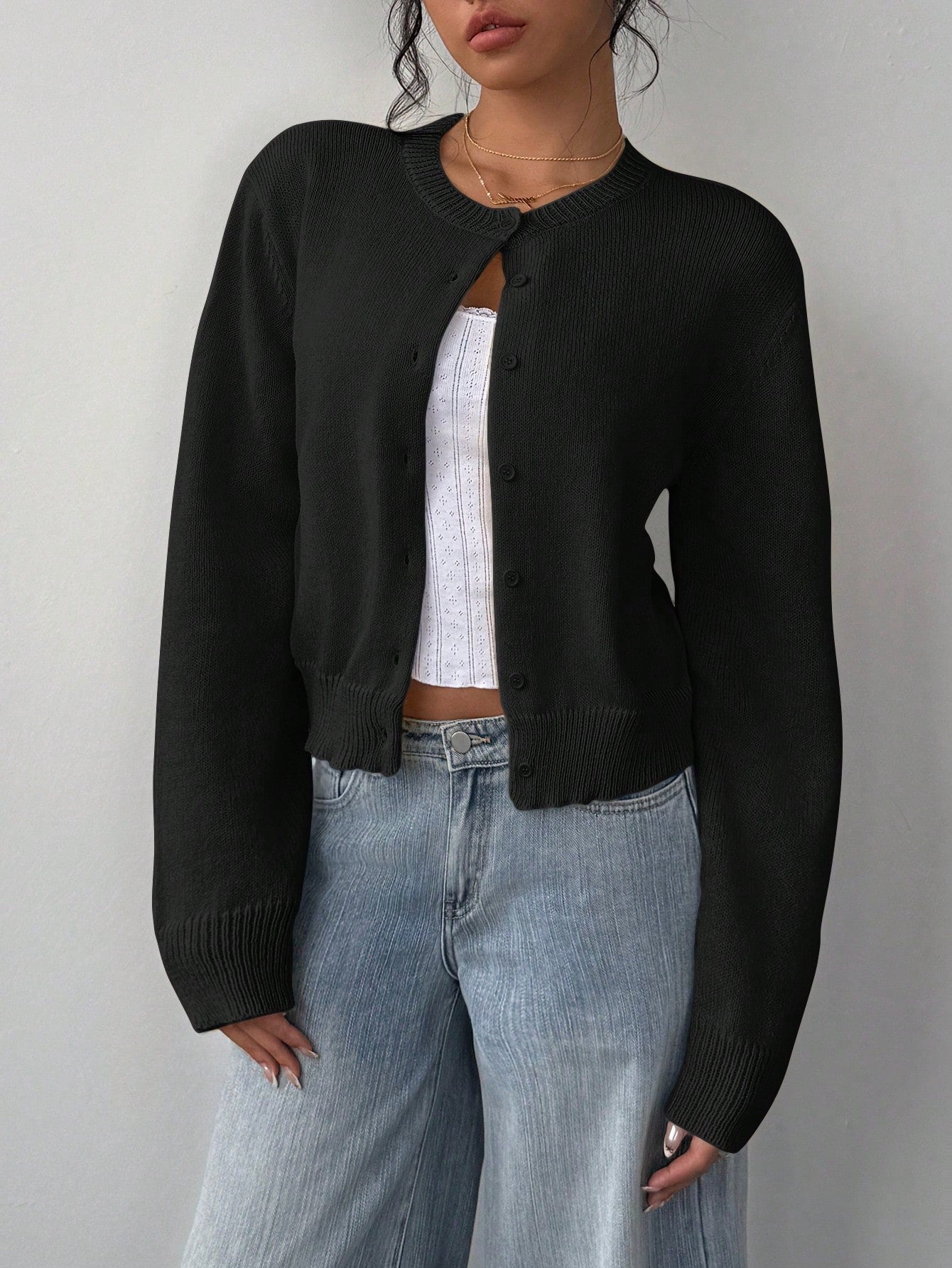 Cardigan lavorato a maglia chic a maniche lunghe Moda maglione corto tinta unita per abbigliamento da donna