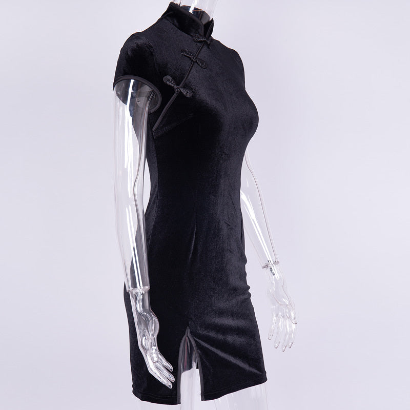 Abito Cheongsam Rétro Donna Nero Hips Sacca