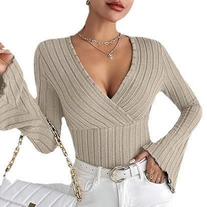 T-shirt girocollo a maniche lunghe da donna in maglia a coste autunnale e invernale, con scollo a V e maniche a campana, elegante top da donna