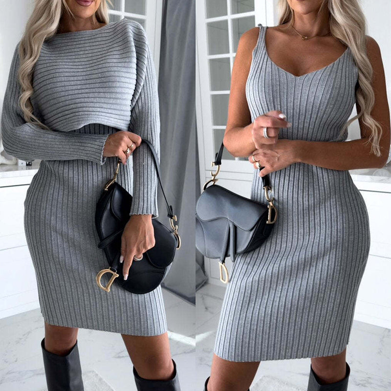 Completo da 2 pezzi da donna con top a righe lunghe e gonna aderente per moda autunnale e invernale