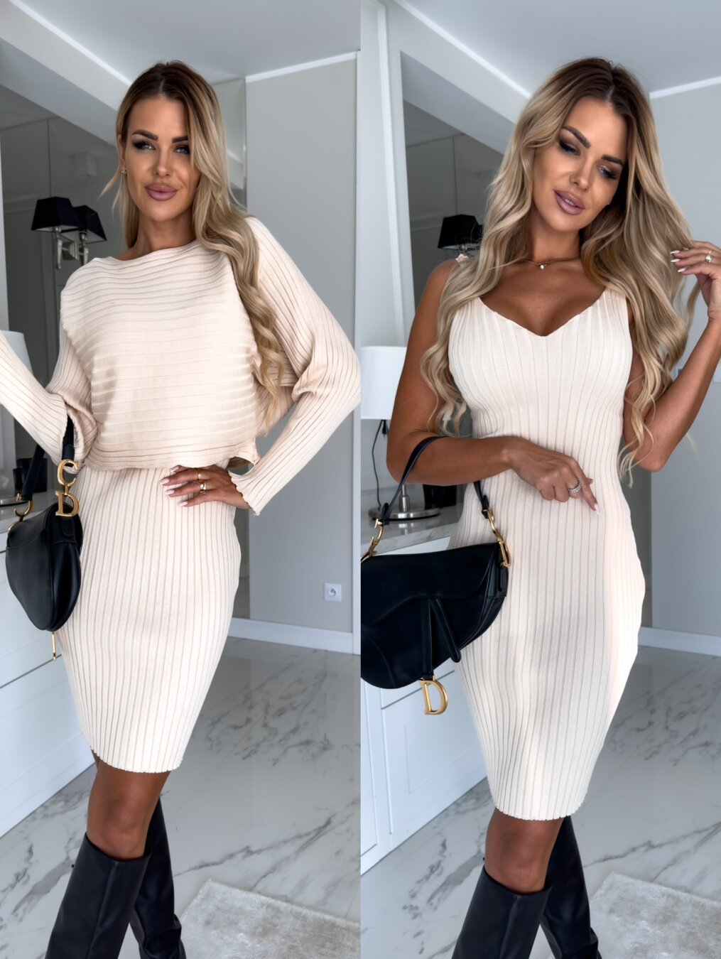 Completo da 2 pezzi da donna con top a righe lunghe e gonna aderente per moda autunnale e invernale